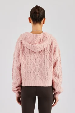 Women CLO-TOP-HS-HOOD-KTW Cable Knit Zip Through Knit Hoodie - Baby Pink