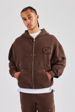 CLO-TOP-HS-HOOD Carpenter Raw Edge Zip Through Hoodie - Chocolate