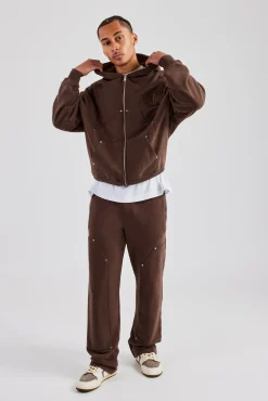 CLO-TOP-HS-HOOD Carpenter Raw Edge Zip Through Hoodie - Chocolate
