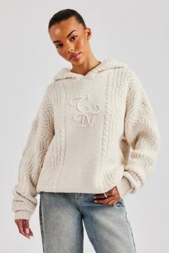 Women CLO-TOP-HS-HOOD-KTW CCC Spliced Cable Knit Hoodie - Off White