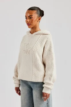 Women CLO-TOP-HS-HOOD-KTW CCC Spliced Cable Knit Hoodie - Off White