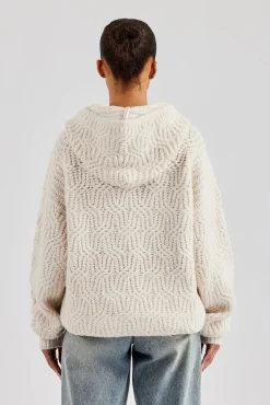 Women CLO-TOP-HS-HOOD-KTW CCC Spliced Cable Knit Hoodie - Off White