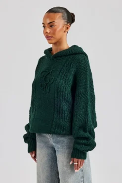 Women CLO-TOP-HS-HOOD-KTW CCC Spliced Cable Knit Hoodie - Forest Green