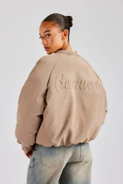 Women CLO-TOP-OUT Cernucci Cropped PU Puffer Bomber Jacket - Taupe