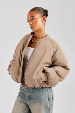 Women CLO-TOP-OUT Cernucci Cropped PU Puffer Bomber Jacket - Taupe
