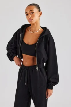 Women CLO-TOP-HS-HOOD Cernucci Cropped Zip Through Hoodie - Black