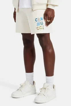 CLO-BOT Cernucci Relaxed Letter Rhinestone Shorts - Off White