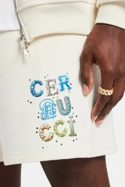 CLO-BOT Cernucci Relaxed Letter Rhinestone Shorts - Off White