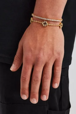 JWL-BUND Chocolate Brown Cross Motif Bracelet & 3mm Tennis Bracelet - Gold