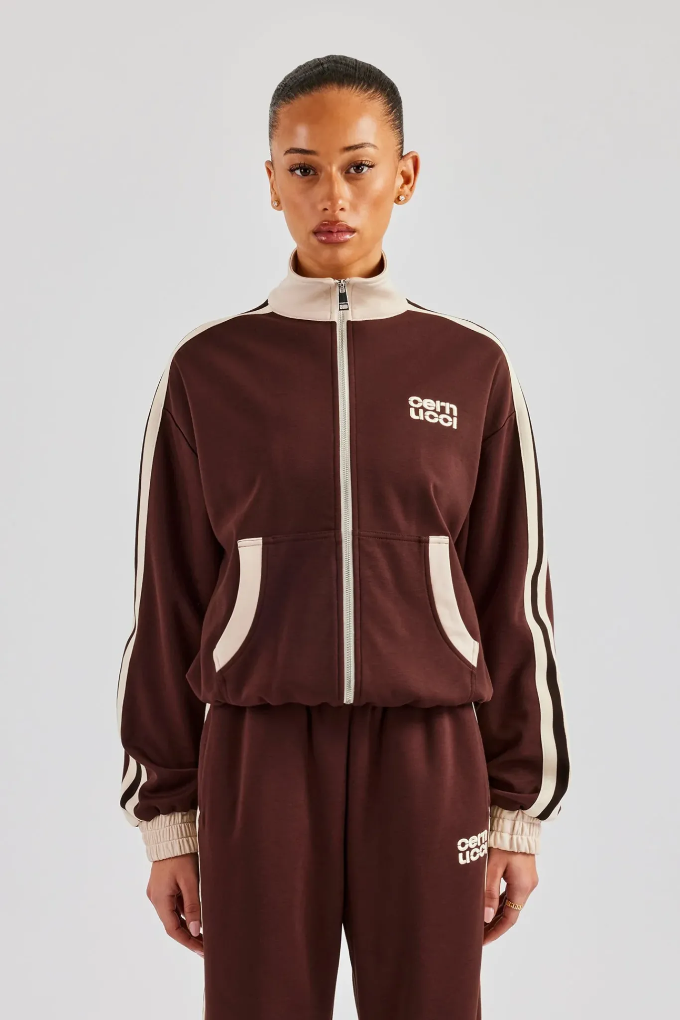 Women CLO-TOP-OUT Colour Block Track Jacket - Chocolate