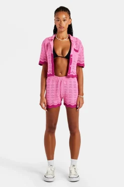Women CLO-BOT-KTW Contrast Crochet Knitted Short - Pink