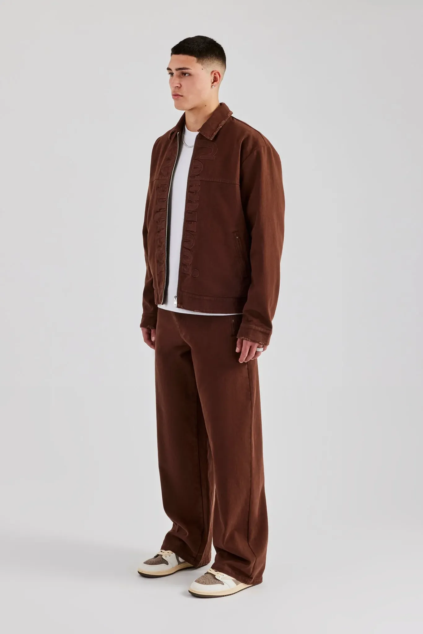 CLO-SET Contrast Logo Twill Harrington Jacket & Trouser - Chocolate