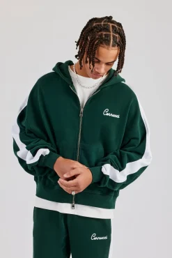 CLO-TOP-HS-HOOD Contrast Panel Boxy Zip Through Hoodie - Forest Green