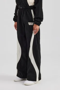 Women CLO-BOT-TRO Contrast Panel Nylon Wide Leg Trouser - Black