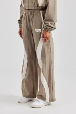 Women CLO-BOT-TRO Contrast Panel Nylon  Wide Leg Trouser - Khaki