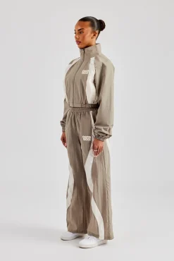Women CLO-BOT-TRO Contrast Panel Nylon  Wide Leg Trouser - Khaki