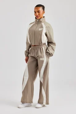 Women CLO-BOT-TRO Contrast Panel Nylon  Wide Leg Trouser - Khaki
