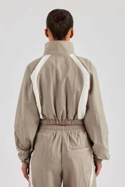 Women CLO-TOP-OUT Contrast Panel Nylon Zip Through Jacket - Khaki