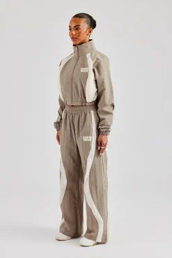 Women CLO-SET Contrast Panel Nylon Zip Through Tracksuit - Khaki