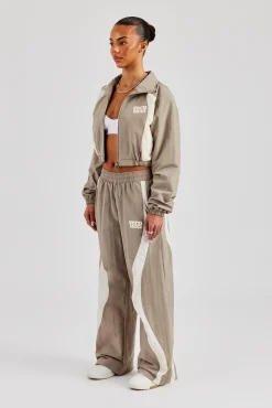 Women CLO-SET Contrast Panel Nylon Zip Through Tracksuit - Khaki
