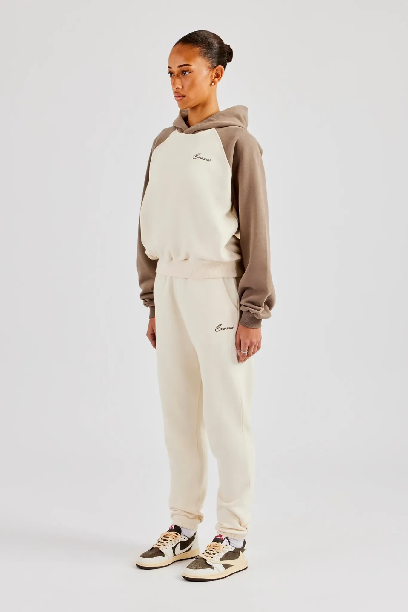 Women CLO-SET Contrast Raglan Sleeve Hoodie & Embroidered Cuffed Jogger - White