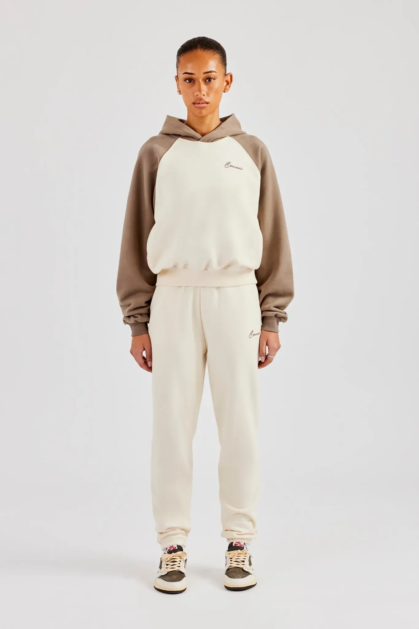 Women CLO-SET Contrast Raglan Sleeve Hoodie & Embroidered Cuffed Jogger - White