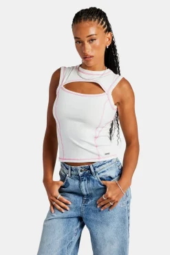 Women CLO-TOP-TEE Contrast Stitch Cut Out Top - Off White