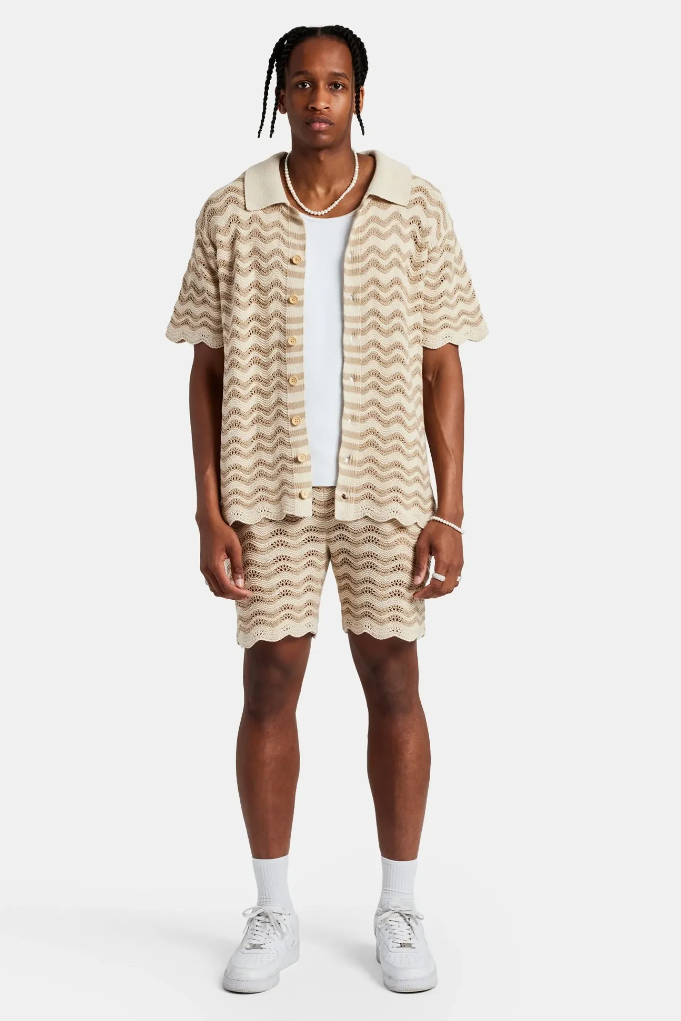 CLO-SET-KTW Crochet Knitted Embroidered Shirt & Short Set - Beige