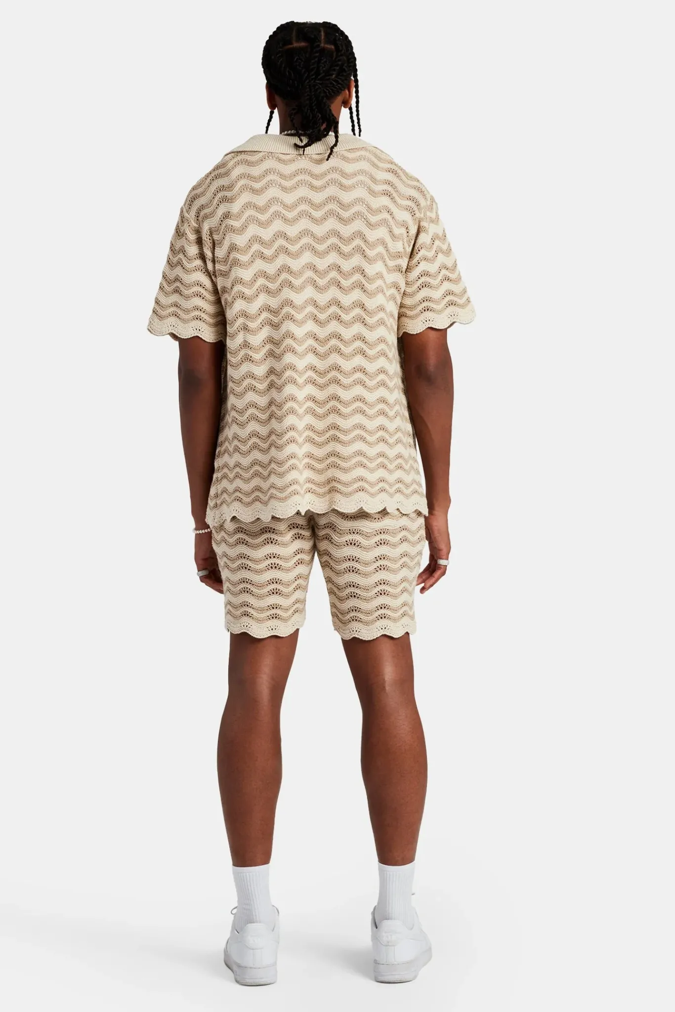 CLO-SET-KTW Crochet Knitted Embroidered Shirt & Short Set - Beige