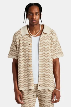 CLO-TOP-SHIR-KTW Crochet Knitted Embroidered Shirt - Beige