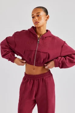 Women CLO-TOP-HS-HOOD Cropped Exposed Seam  Zip Through Hoodie - Cherry Red