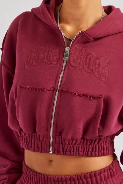 Women CLO-TOP-HS-HOOD Cropped Exposed Seam  Zip Through Hoodie - Cherry Red