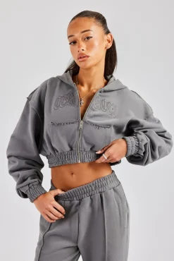 Women CLO-TOP-HS-HOOD Cropped Exposed Seam  Zip Through Hoodie - Charcoal