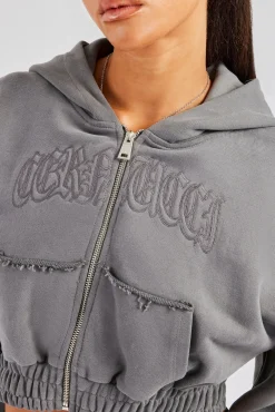 Women CLO-TOP-HS-HOOD Cropped Exposed Seam  Zip Through Hoodie - Charcoal