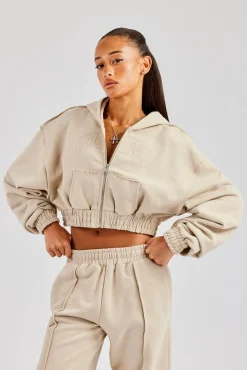 Women CLO-TOP-HS-HOOD Cropped Exposed Seam  Zip Through Hoodie - Stone
