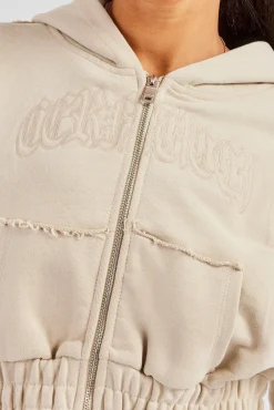 Women CLO-TOP-HS-HOOD Cropped Exposed Seam  Zip Through Hoodie - Stone