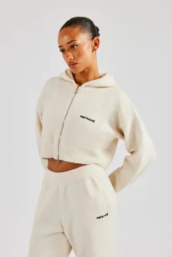 Women CLO-TOP-HS-HOOD-KTW Cropped Knitted Zip Through Hoodie - Ecru