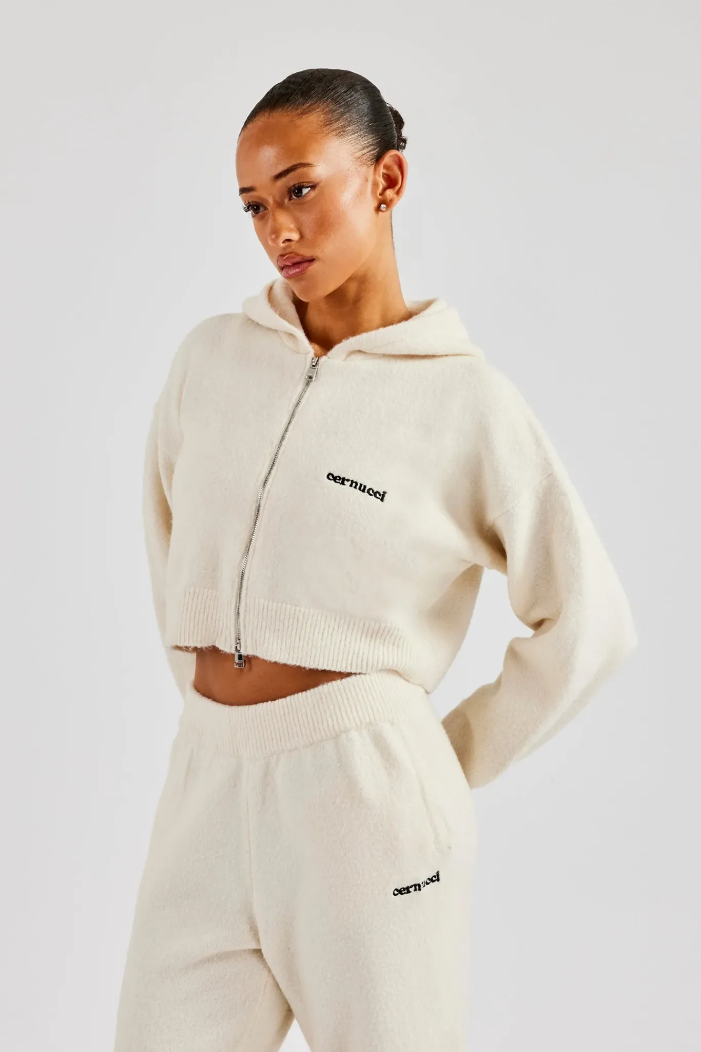 Women CLO-TOP-HS-HOOD-KTW Cropped Knitted Zip Through Hoodie - Ecru
