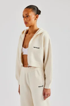 Women CLO-TOP-HS-HOOD-KTW Cropped Knitted Zip Through Hoodie - Ecru