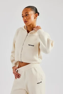 Women CLO-TOP-HS-HOOD-KTW Cropped Knitted Zip Through Hoodie - Ecru
