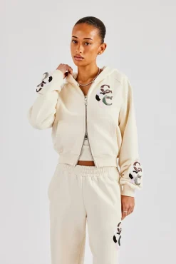 Women CLO-TOP-HS-HOOD Cropped Washed Layered Applique Zip Hoodie - Off White