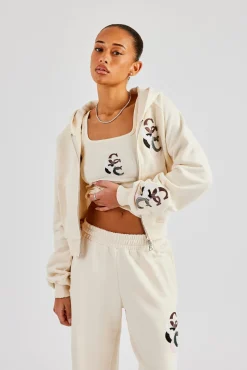 Women CLO-TOP-HS-HOOD Cropped Washed Layered Applique Zip Hoodie - Off White