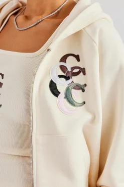 Women CLO-TOP-HS-HOOD Cropped Washed Layered Applique Zip Hoodie - Off White