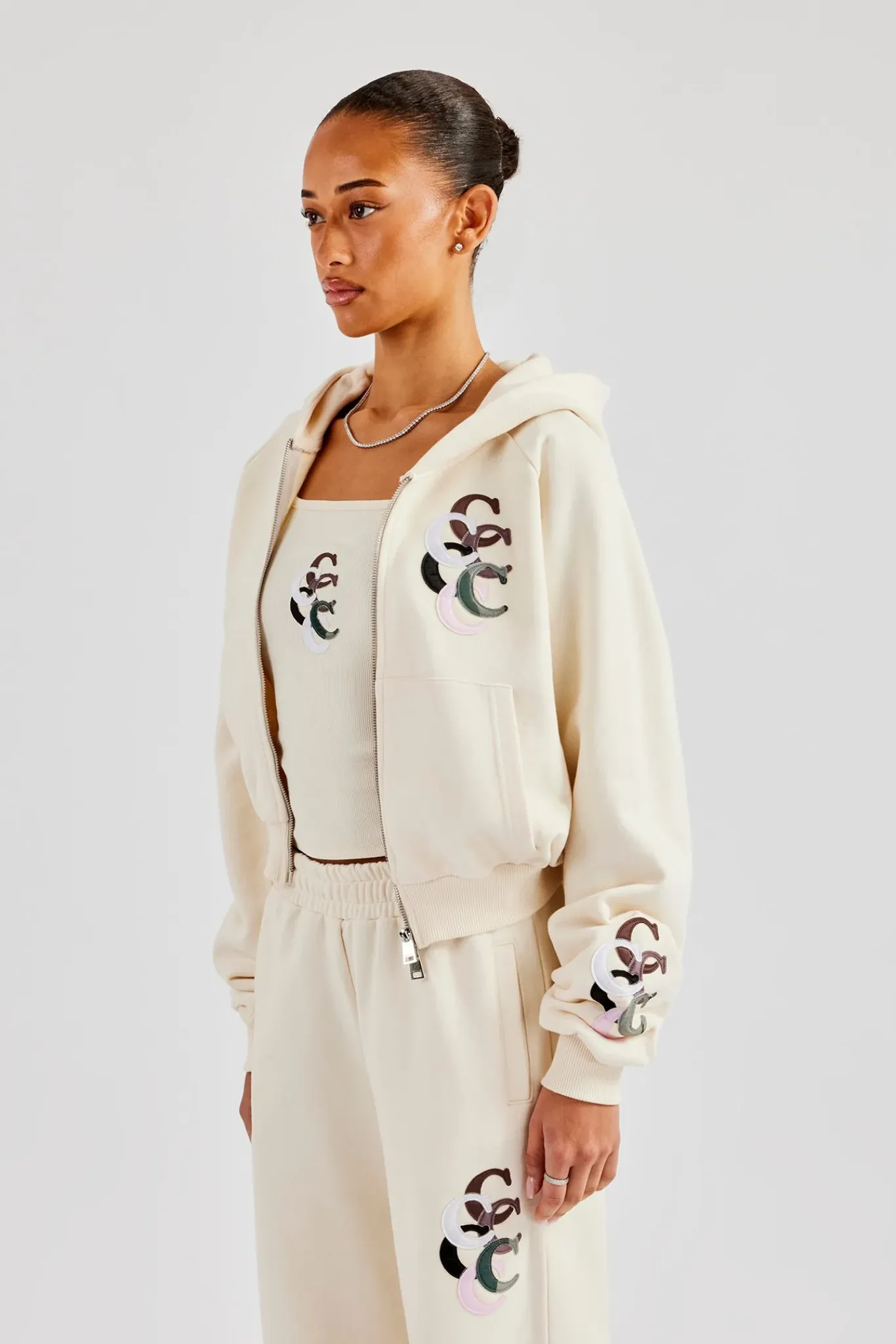 Women CLO-SET Cropped Washed Layered Applique Tracksuit - Off White