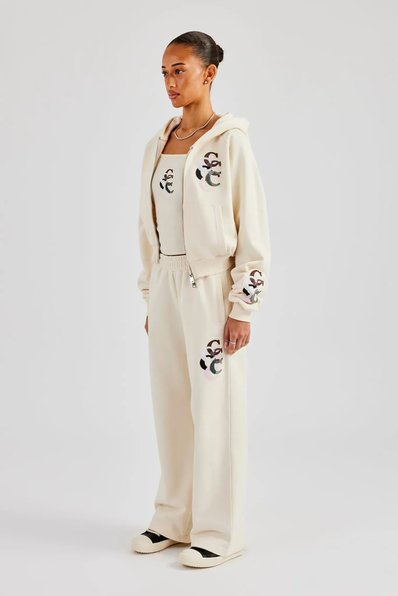 Women CLO-SET Cropped Washed Layered Applique Tracksuit - Off White
