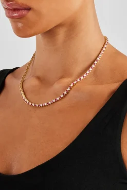 Women JWL-CHN Deep Pink & Clear Heart Tennis Chain - 3mm - Gold