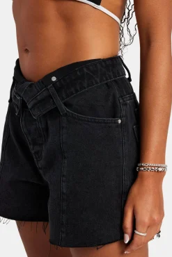 Women CLO-BOT-DEN Denim Short With Turn Down Waistband - Washed Black