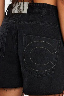 Women CLO-BOT-DEN Denim Short With Turn Down Waistband - Washed Black