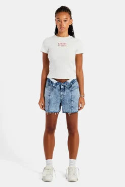 Women CLO-BOT-DEN Denim Short With Turn Down Waistband - Iced Blue