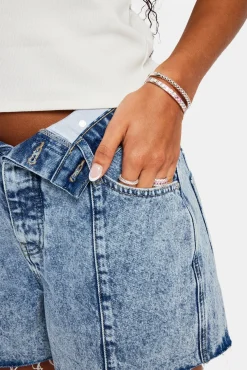 Women CLO-BOT-DEN Denim Short With Turn Down Waistband - Iced Blue